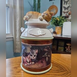Bradford Exchange Cozy Kitten Ceramic Canister Lazy Cat Jug Waterfall Cute